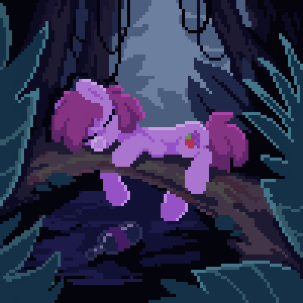 Size: 700x700 | Tagged: safe, artist:crimmharmony, derpibooru import, berry punch, berryshine, pony, bottle, digital art, drunk, forest, image, nature, night, pixel art, png, sleeping, solo, tree