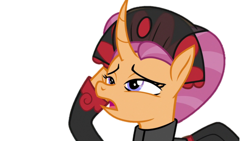 Size: 1280x720 | Tagged: artist needed, safe, anonymous artist, derpibooru import, sable spirit, pony, unicorn, campfire tales, g4, clothes, curved horn, dazed, empress sable spirit, female, frown, hoof on cheek, horn, image, indigo eyes, magenta hair, magenta mane, mare, open mouth, orange coat, orange fur, orange pony, png, solo, vector, young sable spirit