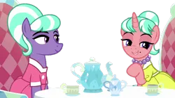 Size: 1280x720 | Tagged: artist needed, safe, anonymous artist, derpibooru import, stepford ponies, earth pony, pony, unicorn, g4, what lies beneath, clothes, cup, dress, duo, female, horn, image, jewelry, mare, necklace, pearl necklace, png, smiling, table, tea party, teapot, vector