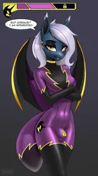 Size: 1438x2562 | Tagged: suggestive, artist:xorza, ponerpics import, oc, unofficial characters only, anthro, breasts, clothes, costume, crotch bulge, dialogue, futa, gloves, image, latex, latex gloves, latex suit, png, shadowbolts costume, solo, solo futa