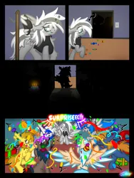 Size: 1620x2160 | Tagged: safe, artist:linkle, derpibooru import, oc, oc:golden star, oc:linkle riverward, oc:mox emiliee, oc:nebula haze, oc:silver edge, oc:stargazer, unofficial characters only, hybrid, pegasus, birthday, birthday cake, birthday gift, cake, candle, cowboy hat, dark room, food, hat, image, party hat, pegabat, png, sitting, surprised, wings