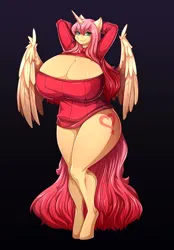 Size: 836x1200 | Tagged: suggestive, artist:knightdd, ponerpics import, oc, unofficial characters only, alicorn, big breasts, black background, breasts, female, huge breasts, image, impossibly large breasts, large butt, png, simple background, sweatshirt