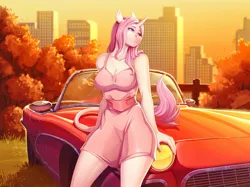 Size: 1200x896 | Tagged: suggestive, artist:knightdd, ponerpics import, oc, unofficial characters only, big breasts, breasts, car, clothes, dress, female, image, png, sunset