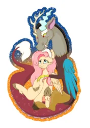 Size: 1452x2048 | Tagged: safe, artist:ginnyregen, derpibooru import, discord, fluttershy, draconequus, pegasus, g4, antlers, beard, beard on head, blue outline, blushing, bright, discoshy, duo, duo male and female, facial hair, female, hooves, horn, hug, image, interspecies, jpeg, looking up, male, orange outline, outline, shipping, stars, straight, sunlight