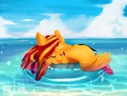 Size: 1600x1207 | Tagged: safe, artist:zaka, derpibooru import, oc, unofficial characters only, pegasus, pony, beach, circle, commission, image, jpeg, ocean, solo, water