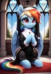 Size: 832x1216 | Tagged: safe, ai content, derpibooru import, machine learning generated, prompter:gregorymars, stable diffusion, rainbow dash, pegasus, pony, g4, female, generator:pony diffusion v6 xl, image, jpeg, mare, nun, nun outfit, sad, solo, solo female