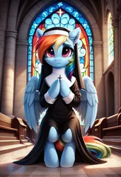 Size: 832x1216 | Tagged: safe, ai content, derpibooru import, machine learning generated, prompter:gregorymars, stable diffusion, rainbow dash, pegasus, pony, g4, female, generator:pony diffusion v6 xl, image, jpeg, mare, nun, nun outfit, sad, solo, solo female