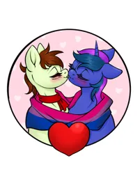 Size: 3242x4041 | Tagged: safe, artist:amaki88, derpibooru import, oc, oc:aperture, oc:flashpoint, earth pony, pony, unicorn, bisexual pride flag, blushing, clothes, heart, horn, image, kissing, png, pride, pride flag, scarf