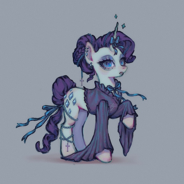 Size: 3500x3500 | Tagged: safe, derpibooru import, rarity, pony, undead, unicorn, vampire, 3d cutiemark, alt rarity, alternate hairstyle, alternative style, blouse, blue background, blue eyes, bow, clothes, cutie mark, ear piercing, eyeshadow, full body, goth, gothic, gothic lolita, gray background, hair bow, hair bun, horn, image, jewelry, jpeg, light skin, lolita fashion, makeup, necklace, pearl necklace, piercing, purple eyes, purple mane, rarity peplum dress, rarity pose, romantic, simple background, solo