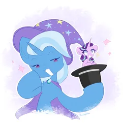 Size: 3000x3000 | Tagged: safe, artist:persikulka, derpibooru import, starlight glimmer, trixie, pony, unicorn, g4, cape, clothes, duo, duo female, emanata, female, hat, horn, image, magic trick, mare, micro, png, sparkles, surprised, trixie's cape, trixie's hat