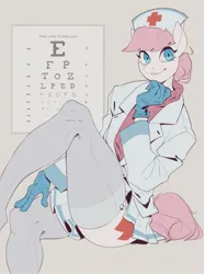 Size: 1560x2100 | Tagged: safe, artist:egil, derpibooru import, nurse redheart, anthro, earth pony, ass, butt, clothes, coat, cute, eye chart, female, gloves, grin, hat, image, jpeg, nurse hat, nurse outfit, sitting, skirt, smiling, socks, solo, stockings, sweater, thigh highs, turtleneck