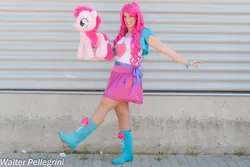 Size: 1024x682 | Tagged: safe, artist:giorgiasanny, derpibooru import, pinkie pie, human, equestria girls, g4, boots, clothes, cosplay, costume, high heel boots, image, irl, irl human, jacket, jpeg, photo, plushie, shirt, shoes, skirt, vest