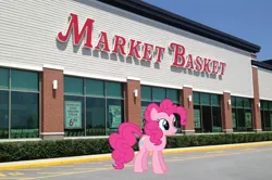 Size: 1000x663 | Tagged: safe, artist:deyrasd, artist:topsangtheman, derpibooru import, edit, pinkie pie, earth pony, pony, g4, cute, diapinkes, female, image, irl, mare, market basket, outdoors, photo, png, solo, street