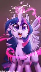 Size: 640x1100 | Tagged: safe, anonymous editor, artist:jessichur, banned from derpibooru, deleted from derpibooru, derpibooru import, edit, editor:edits of hate, twilight sparkle, twilight sparkle (alicorn), alicorn, pony, chest fluff, crying, front view, image, magic, magic aura, open mouth, open smile, png, smiling, solo, sparks, tears of joy