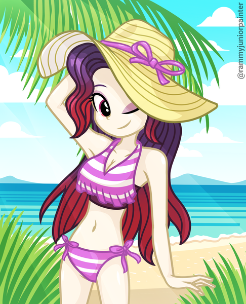 Size: 2015x2490 | Tagged: safe, artist:rjp.rammy, derpibooru import, oc, oc:anna, equestria girls, g4, beach, bikini, clothes, female, hat, image, one eye closed, png, solo, swimsuit, wink