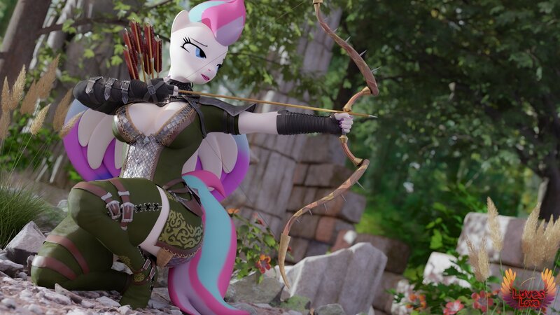 Size: 3840x2160 | Tagged: safe, artist:loveslove, derpibooru import, zipp storm, anthro, pegasus, plantigrade anthro, g5, 3d, archer, archery, arrow, blender, bow, breasts, cleavage, clothes, commission, female, fingernails, forest, greek clothes, greek mythology, image, jpeg, nail polish, nails, nature, not sfm, outdoors, solo, tree, wilderness, wings, ych result