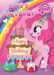 Size: 344x480 | Tagged: safe, derpibooru import, official, pinkie pie, earth pony, pony, g4, birthday cake, cake, female, food, happy birthday, hat, how do hooves work?, image, mare, my little pony logo, party hat, party horn, pink background, png, present, rainbow, simple background, solo, standing on two hooves, stock vector, text