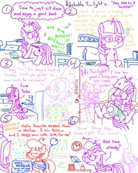 Size: 4779x6013 | Tagged: safe, artist:adorkabletwilightandfriends, derpibooru import, pinkie pie, spike, twilight sparkle, twilight sparkle (alicorn), oc, oc:alli, oc:patricia, alicorn, comic:adorkable twilight and friends, adorkable, adorkable twilight, attentive, balloon, basket, bed, bedroom, book, boot, chores, climbing, clock, comic, confetti, cute, dork, image, lamp, laundry, phone, pillow, png, politics, poster, sash, scared, sign, silly face, sitting, slice of life, smiling, sock, surprised, time, upset, yawn