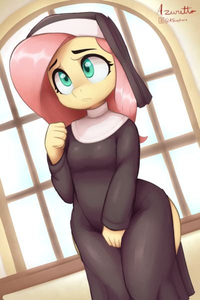 Size: 3000x4500 | Tagged: safe, artist:azuretto, derpibooru import, fluttershy, anthro, pegasus, clothes, female, flutternun, frown, high res, image, nun, nun outfit, png, side slit, solo, wide hips, wrong eye color