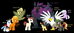 Size: 2280x1026 | Tagged: safe, artist:moonlightthegriffon, derpibooru import, oc, oc:bright slice, oc:chocolate croissant, oc:doozy(changeling), oc:grape thrash, oc:gunnar sanddune, oc:mistypetal, oc:orange soda, oc:pivotal punk, oc:sneakysea, unofficial characters only, changedling, changeling, earth pony, gryphon, hippogriff, pegasus, pony, storm creature, unicorn, :3, base used, black background, blank flank, broken horn, changedling oc, changeling oc, colt, earth pony oc, female, filly, flying, foal, griffon oc, group photo, hippogriff oc, horn, image, male, multicolored hair, pegasus oc, png, punk, simple background, spread wings, stallion, storm creature oc, tongue out, unicorn oc, wings