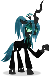 Size: 3889x6047 | Tagged: safe, artist:anime-equestria, derpibooru import, queen chrysalis, changeling, changeling queen, g4, alternate hairstyle, clothes, eyeshadow, female, horn, image, makeup, png, simple background, solo, suit, transparent background, vector