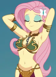 Size: 1152x1592 | Tagged: suggestive, ai content, derpibooru import, prompter:atiirot, fluttershy, human, equestria girls, g4, belly dancer, belly dancer outfit, blue background, breasts, busty fluttershy, butterfly hairpin, cute, eyes closed, eyeshadow, female, image, jpeg, makeup, shyabetes, simple background, slave leia outfit, smiling, solo, solo female