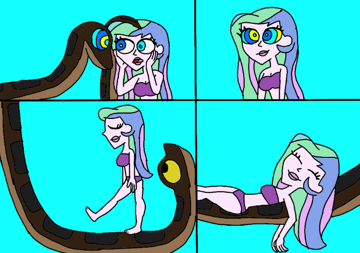 Size: 743x521 | Tagged: safe, artist:beecartoonist13, derpibooru import, princess celestia, human, snake, equestria girls, g4, bikini, blue sky, breasts, busty princess celestia, clothes, coils, duo, female, hypno eyes, hypnosis, hypnotized, image, kaa, kaa eyes, lipstick, looking at each other, looking at someone, male, png, sleeping, sleepwalking, swimsuit