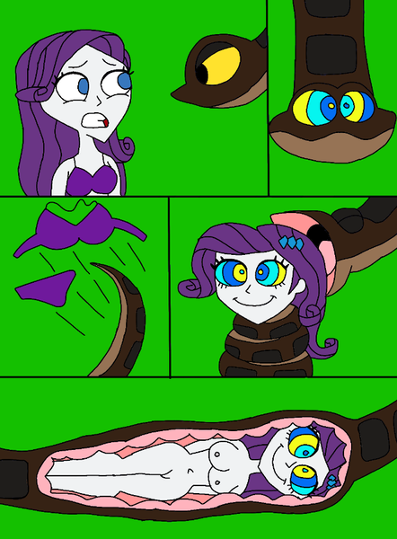 Size: 615x835 | Tagged: questionable, artist:beecartoonist13, derpibooru import, rarity, human, snake, equestria girls, g4, bikini, breasts, busty rarity, clothes, coils, comic, duo, eaten alive, female, gritted teeth, hypno eyes, hypnority, hypnosis, hypnotized, image, kaa, kaa eyes, male, nudity, open mouth, png, rariprey, scared, smiling, snake tail, swimsuit, tail, teeth, vore, wrapped snugly, wrapped up