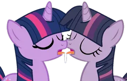 Size: 835x535 | Tagged: suggestive, artist:stryapastylebases, artist:twilyisbestpone, derpibooru import, mean twilight sparkle, twilight sparkle, pony, unicorn, g4, clone, derpibooru exclusive, drool, drool string, duo, duo female, eyes closed, female, french kiss, horn, image, kissing, lesbian, mare, png, self paradox, self ponidox, selfcest, ship:mean twitwi, shipping, simple background, transparent background, twolight, unicorn twilight