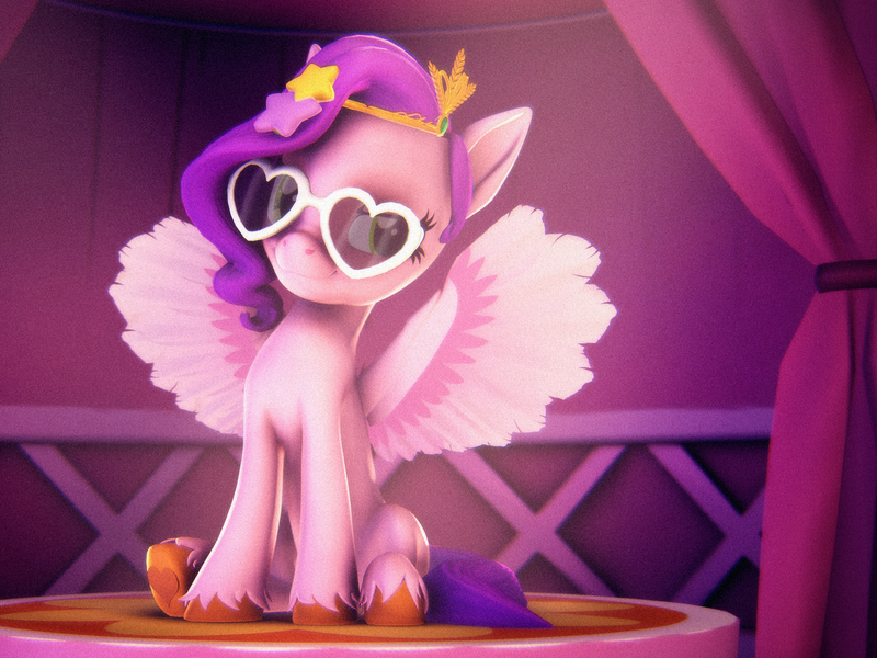 Size: 2880x2160 | Tagged: safe, artist:psfmer, derpibooru import, pipp petals, pegasus, g5, 3d, adorapipp, cute, diadem, frog (hoof), glasses, heart shaped glasses, high res, hoof heart, hooves, image, jewelry, looking at you, png, regalia, sitting, smiling, smiling at you, solo, source filmmaker, spread wings, stars, underhoof, unshorn fetlocks, wings