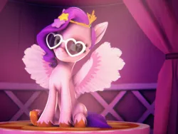 Size: 2880x2160 | Tagged: safe, artist:psfmer, derpibooru import, pipp petals, pegasus, g5, 3d, adorapipp, cute, diadem, frog (hoof), glasses, heart shaped glasses, high res, hoof heart, hooves, image, jewelry, looking at you, png, regalia, sitting, smiling, smiling at you, solo, source filmmaker, spread wings, stars, underhoof, unshorn fetlocks, wings