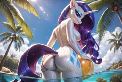 Size: 2304x1536 | Tagged: suggestive, ai content, derpibooru import, machine learning generated, prompter:foxpony, stable diffusion, rarity, anthro, unicorn, beach, beach ball, butt, butt focus, censored, generator:pony diffusion v6 xl, hand on hip, horn, image, lip bite, looking at you, palm tree, png, solo, sun, tree, water, wet, wet mane