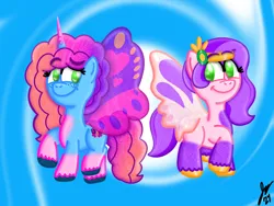 Size: 2160x1620 | Tagged: safe, artist:jesslmc16, derpibooru import, pipp petals, butterfly, insect, pony, g5, butterfly wings, duo, duo female, female, full body, headress, horn, image, mare, misty brightdawn, png, rebirth misty, signature, simple background, sparkles, wings