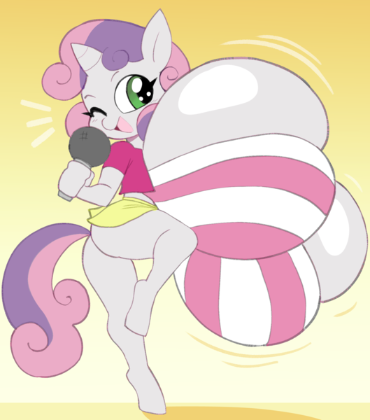 Size: 1691x1917 | Tagged: suggestive, artist:angstrom, banned from derpibooru, sweetie belle, anthro, unguligrade anthro, unicorn, big breasts, breasts, busty sweetie belle, child, clothes, dancing, equestria girls outfit, female, grin, huge breasts, hyper, hyper breasts, image, impossibly large breasts, lolicon, microphone, microskirt, oppai loli, panties, png, simple background, skirt, smiling, solo, solo female, underage, underwear, yellow background