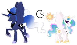 Size: 1160x689 | Tagged: safe, artist:xxanimatorixx, derpibooru import, princess celestia, princess luna, alicorn, pony, g4, age swap, alternate design, alternate universe, crown, duo, duo female, ethereal mane, eyeshadow, female, gauntlet, gradient mane, height difference, image, jewelry, lidded eyes, makeup, necklace, obtrusive watermark, png, raised hoof, regalia, role reversal, royal sisters, sibling swap, siblings, simple background, sisters, smiling, spread wings, talluna, transparent background, ultimate luna, watermark, wings