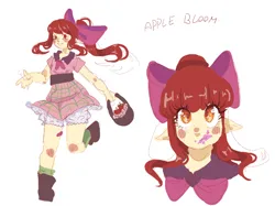 Size: 1066x797 | Tagged: safe, artist:gomikioo, derpibooru import, apple bloom, human, alternate hairstyle, apple, apple bloom's bow, bandaid, basket, blushing, boots, bow, clothes, dress, elf ears, female, food, grin, hair bow, humanized, image, png, pony coloring, shoes, simple background, smiling, socks, solo, white background