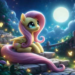 Size: 1024x1024 | Tagged: safe, ai content, derpibooru import, machine learning generated, prompter:nightofcore, fluttershy, pony, g4, cloud, cute, derpibooru exclusive, female, folded wings, full moon, generator:bing image creator, generator:dall-e 3, grass, image, jpeg, mare, moon, night, outdoors, shyabetes, solo, stairs, stars, wings