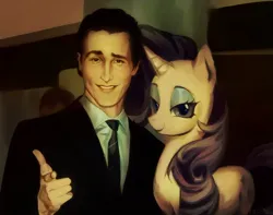 Size: 850x669 | Tagged: safe, ai content, derpibooru import, rarity, human, pony, unicorn, american psycho, based, christian bale, clothes, couple, finger gun, holding hooves, horn, human on pony hoof holding, image, jpeg, literally me, meme, movie, movie reference, necktie, patrick bateman, sigma, suit