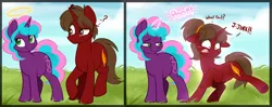 Size: 4500x1776 | Tagged: safe, artist:crimson-rune, artist:higgly-chan, derpibooru import, oc, oc:crimson rune, oc:jinx weaver, pony, unicorn, g4, commission, horn, image, male to female, png, rule 63, transformation, transgender, transgender spell, transgender transformation