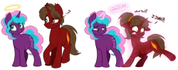 Size: 4500x1776 | Tagged: safe, artist:crimson-rune, artist:higgly-chan, derpibooru import, oc, oc:crimson rune, oc:jinx weaver, pony, unicorn, g4, commission, horn, image, male to female, png, rule 63, transformation, transgender, transgender spell, transgender transformation