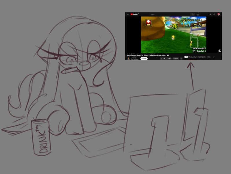 Size: 1266x951 | Tagged: safe, artist:lockheart, derpibooru import, oc, oc:lockie, unofficial characters only, earth pony, pony, drink, female, image, jpeg, long eyelashes, mare, mario kart, monitor, mouth hold, partial color, sitting, soda can, solo, super mario bros.