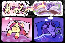 Size: 3000x2000 | Tagged: safe, artist:stimpower, derpibooru import, moondancer, spike, twilight sparkle, dragon, pony, unicorn, g4, baby, baby spike, dreamwalking, female, filly, filly moondancer, filly twilight sparkle, floppy ears, horn, image, lesbian, lying down, on back, png, shipping, side, trio, twidancer, unicorn twilight, younger