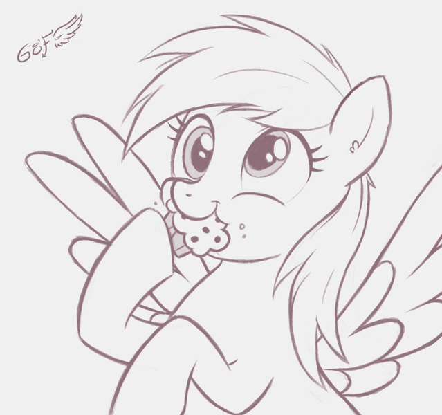 Size: 2663x2500 | Tagged: safe, artist:godoffury, derpibooru import, derpy hooves, pegasus, pony, g4, bust, cute, derpabetes, eating, female, food, gray background, grayscale, high res, image, mare, monochrome, muffin, png, simple background, solo, spread wings, that pony sure does love muffins, wings