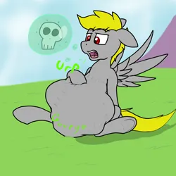 Size: 1280x1280 | Tagged: suggestive, artist:flashytheflashpone, derpibooru import, oc, oc:flashy, unofficial characters only, pegasus, pony, abdominal bulge, ask, belly, big belly, burp, colored, digestion, flat colors, hoof on belly, image, implied death, jpeg, lidded eyes, male, open mouth, outdoors, pegasus oc, pegasus pred, post-vore, sitting, skull, stallion, stomach noise, stuffed belly, tumblr blog, unknown prey, uvula, vore, wings