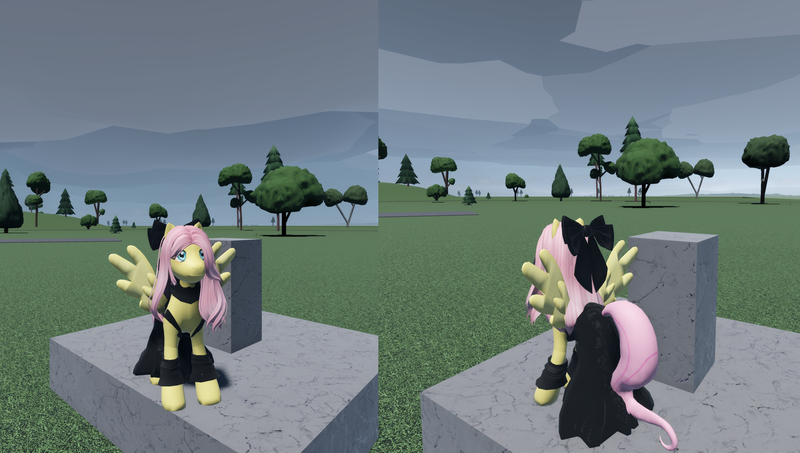 Size: 1848x1047 | Tagged: safe, derpibooru import, fluttershy, pegasus, pony, g4, bow, clothes, dress, female, fluttergoth, game screencap, hair bow, image, png, roblox, solo, twisted (game)