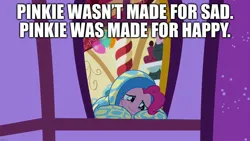 Size: 1920x1080 | Tagged: safe, derpibooru import, edit, edited screencap, screencap, pinkie pie, earth pony, pony, blanket, caption, crying, depressed, female, image, image macro, jpeg, mare, night, sad, text