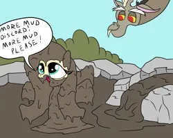 Size: 2000x1600 | Tagged: safe, artist:amateur-draw, derpibooru import, discord, fluttershy, draconequus, pegasus, pony, covered in mud, creature, female, image, mare, mud, mud bath, mud mask, mud play, mud pony, muddy, png, pond, shipping, simple background, speech bubble, text, water, wet and messy