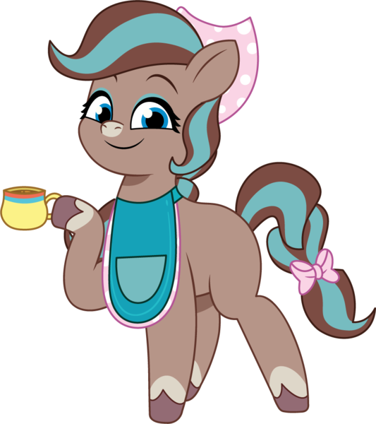 Size: 888x999 | Tagged: safe, artist:prixy05, derpibooru import, horse, pony, g5, my little pony: tell your tale, apron, clothes, cocoa (wild manes), coffee, coffee cup, cup, female, image, mare, png, simple background, solo, style emulation, transparent background, vector, wild manes