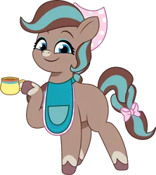 Size: 888x999 | Tagged: safe, artist:prixy05, derpibooru import, horse, pony, g5, my little pony: tell your tale, apron, clothes, cocoa (wild manes), coffee, coffee cup, cup, female, image, mare, png, simple background, solo, style emulation, transparent background, vector, wild manes