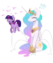 Size: 2400x2845 | Tagged: safe, artist:magnaluna, derpibooru import, princess celestia, twilight sparkle, alicorn, pony, unicorn, g4, the cutie mark chronicles, chest fluff, crown, cute, duo, duo female, ear fluff, eyes closed, female, filly, filly twilight sparkle, folded wings, high res, hoof shoes, horn, image, jewelry, jpeg, mare, open mouth, open smile, peytral, princess shoes, regalia, simple background, sitting, smiling, tail, twiabetes, unicorn twilight, white background, wings, yes yes yes, younger